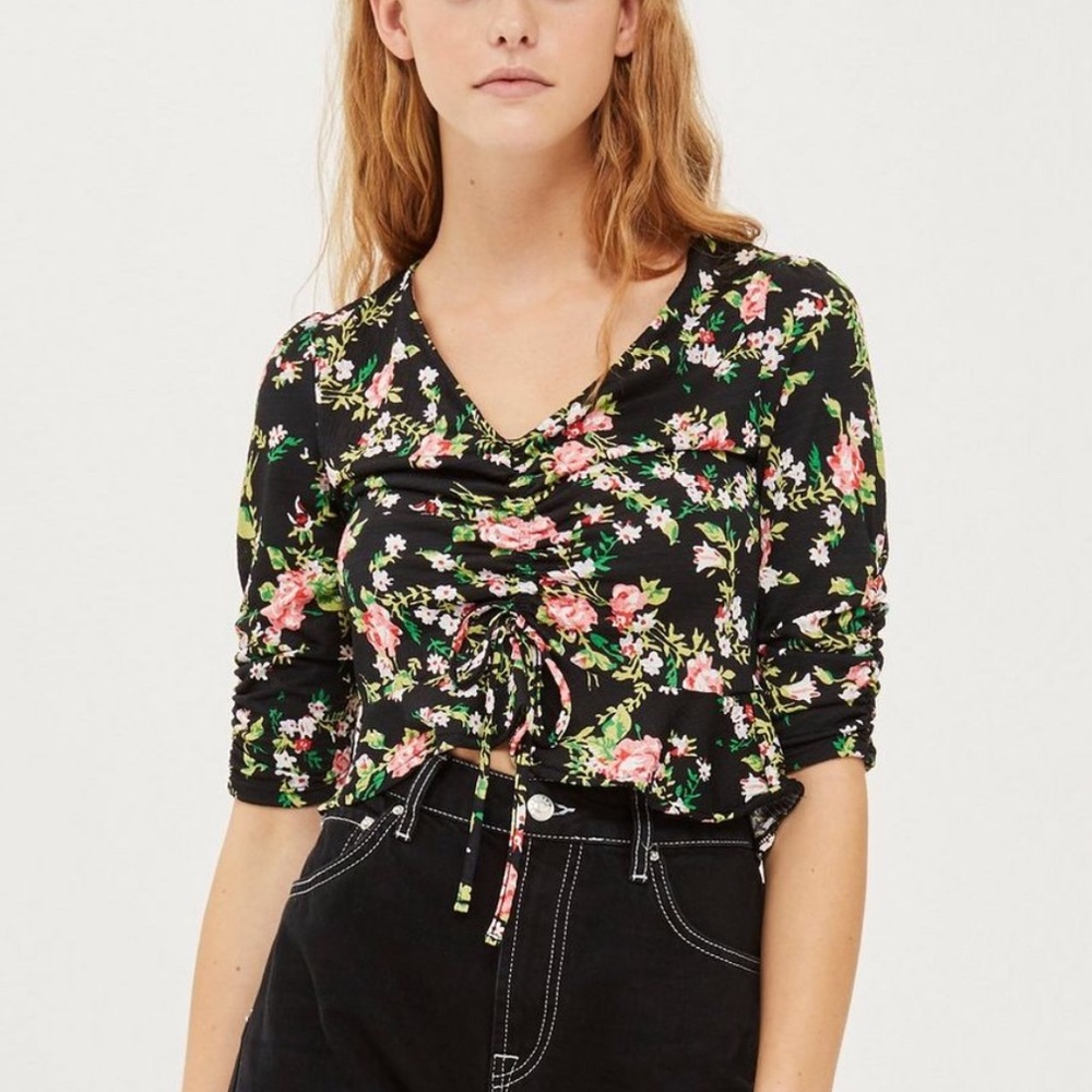 Topshop Petite Black Floral Ruched Crop Top